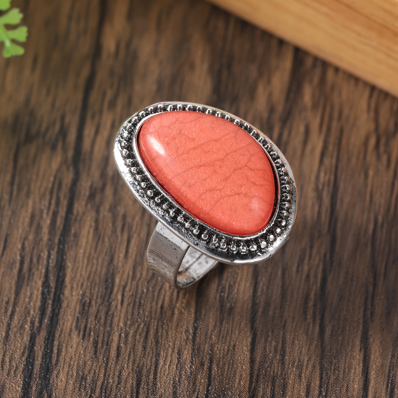 Boho Adjustable Orange Resin Ring Vintage Silvery Stainless Steel